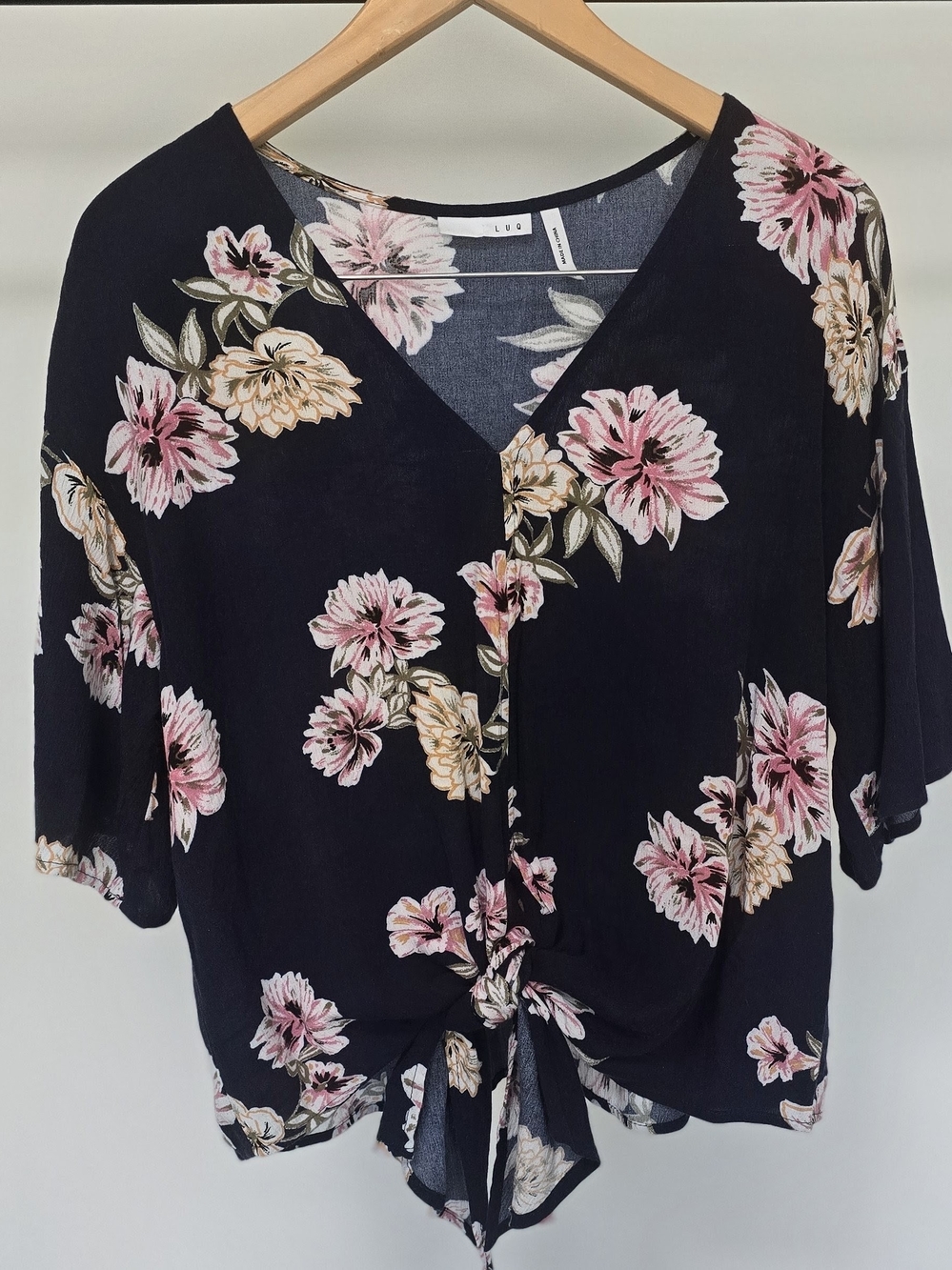 Lux Black Floral Tie-Front V-Neck Blouse
